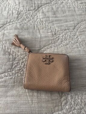 Tory Burch Pebbled Leather Zip Wallet in Tan with Tassel